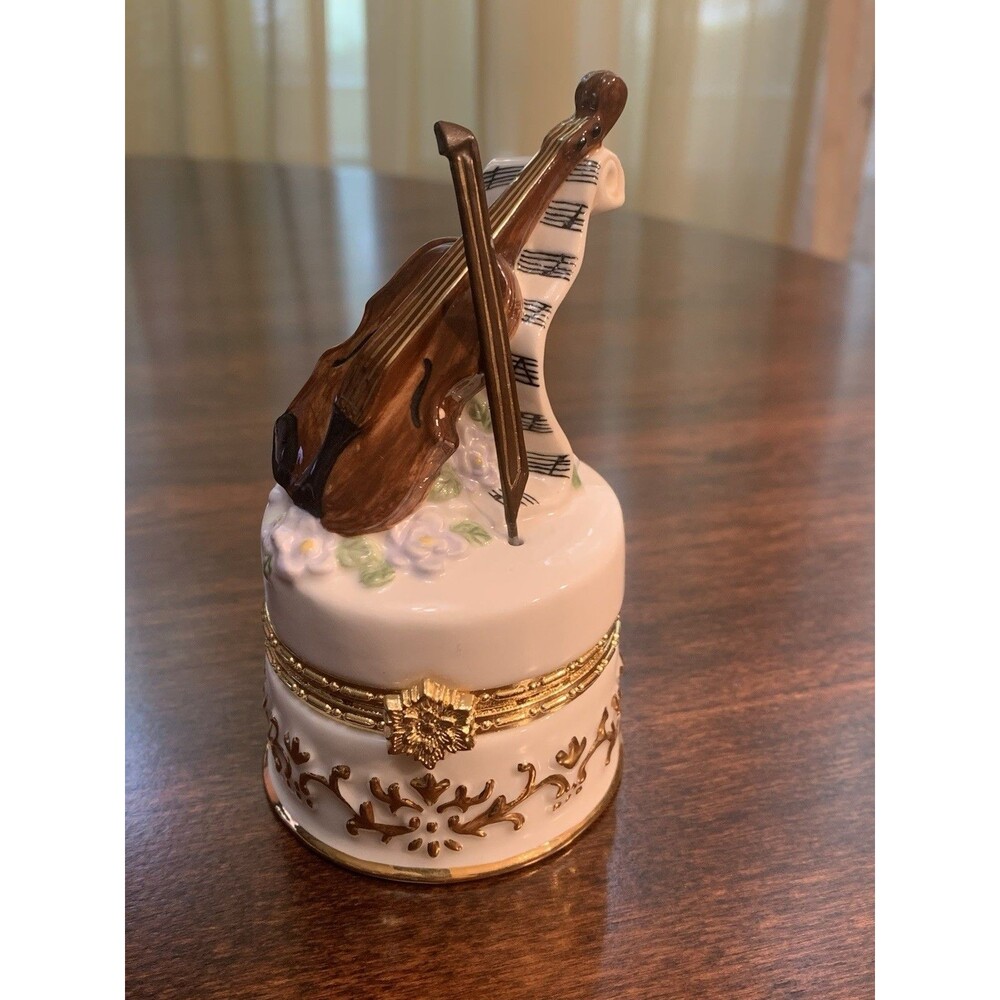 San Francisco Music Box Co Hinged Enameled Trinket Box Violin Floral Gold Tone